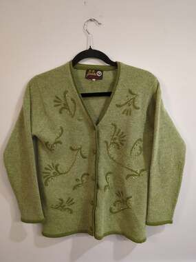 Panda Vintage Green Angora Lambswool Embroidered Sequin Cardigan Sweater size 34